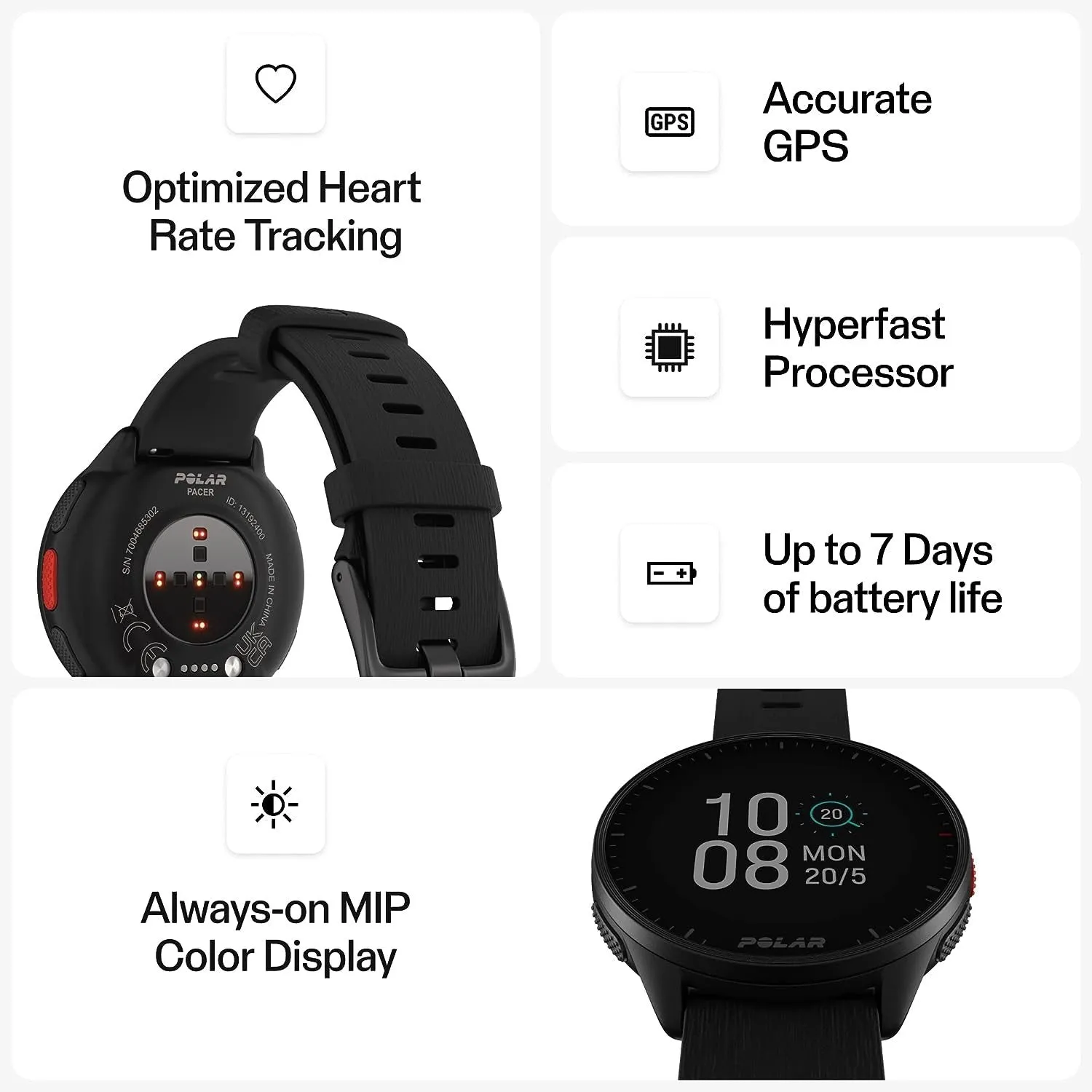 Polar Pacer GPS Running Watch High-Speed Processor Ultra-Light Bright - Black