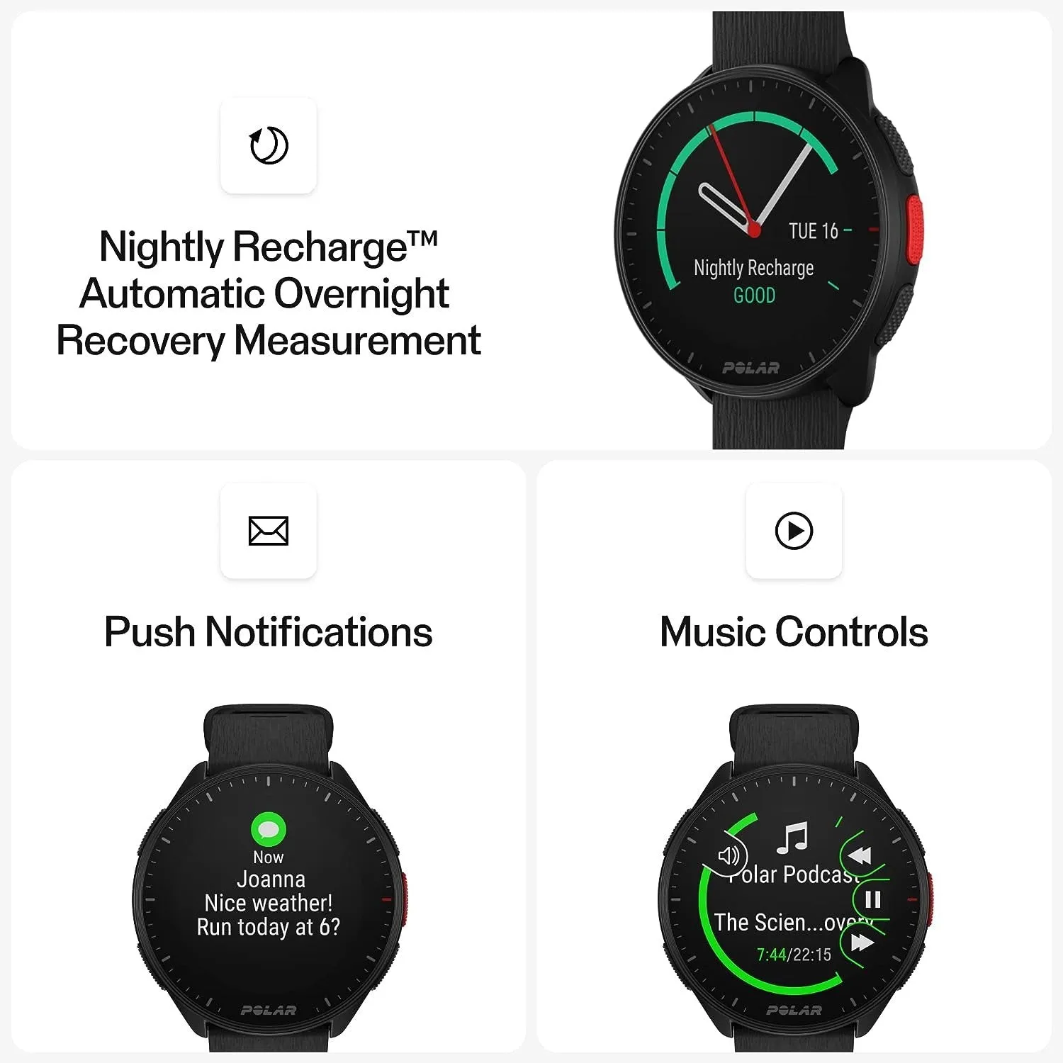 Polar Pacer GPS Running Watch High-Speed Processor Ultra-Light Bright - Black