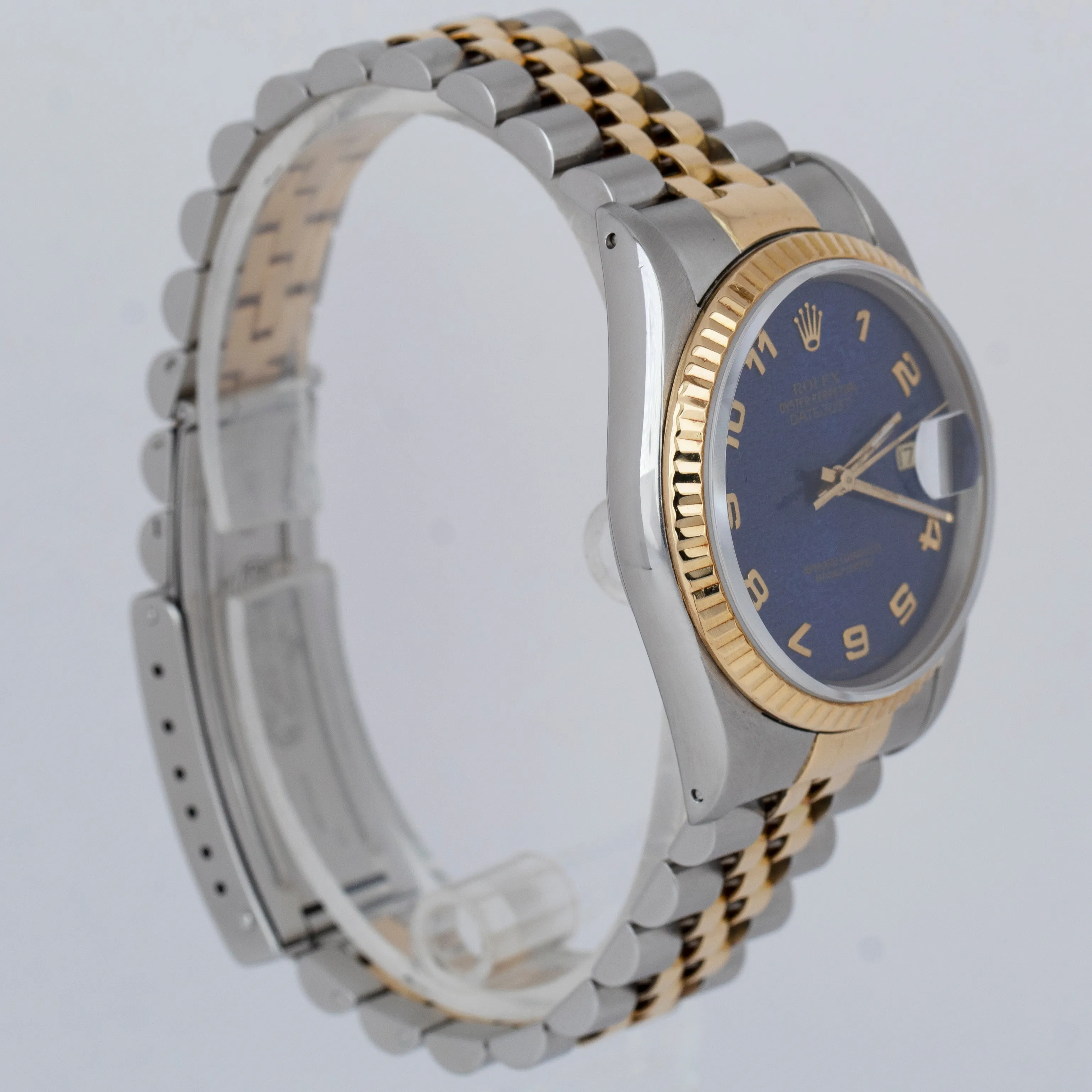 RARE Rolex DateJust 36mm BLUE ARABIC JUBILEE 18K Yellow Gold Steel Watch 16233