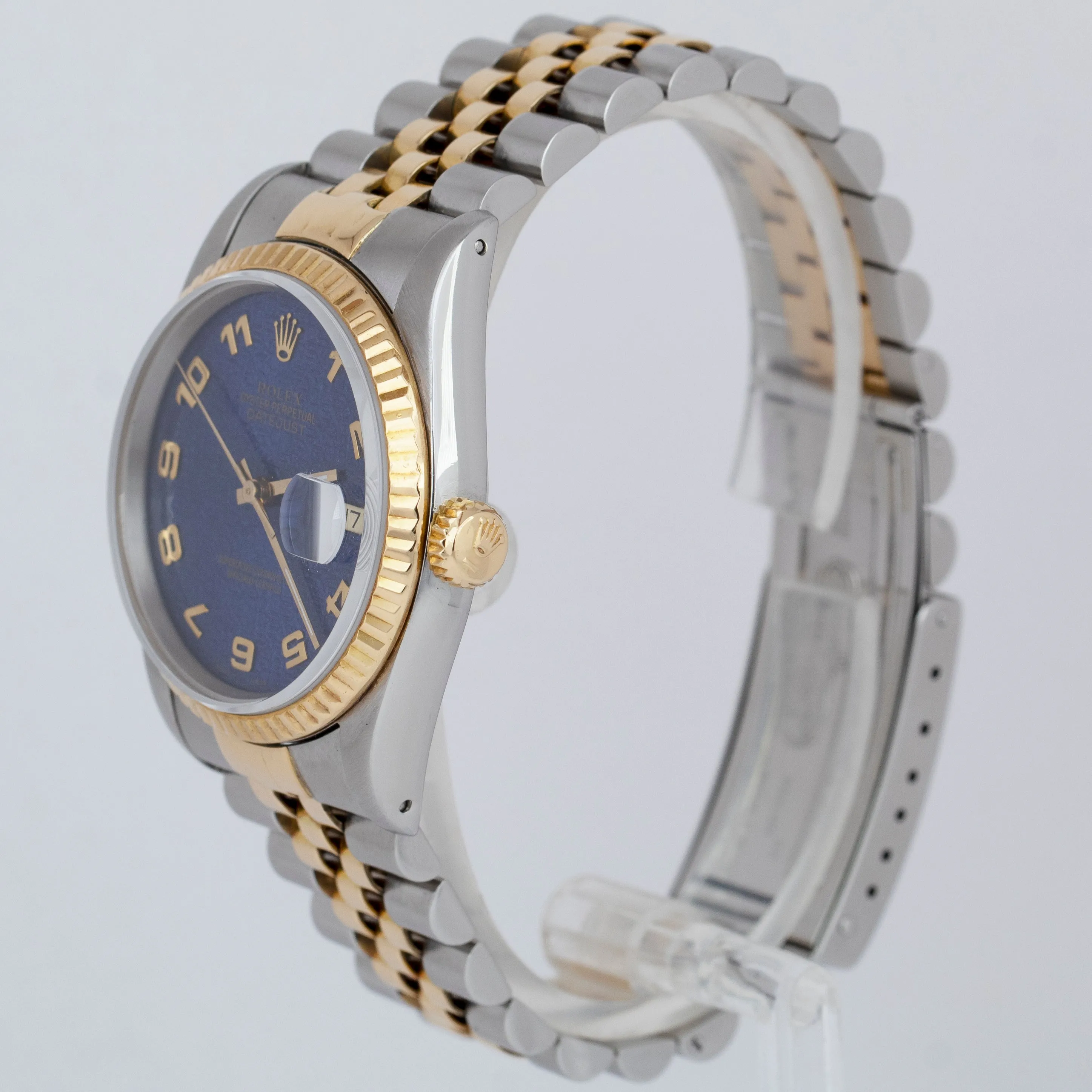 RARE Rolex DateJust 36mm BLUE ARABIC JUBILEE 18K Yellow Gold Steel Watch 16233