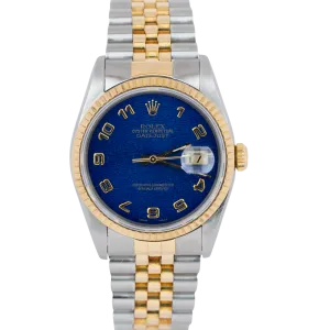 RARE Rolex DateJust 36mm BLUE ARABIC JUBILEE 18K Yellow Gold Steel Watch 16233