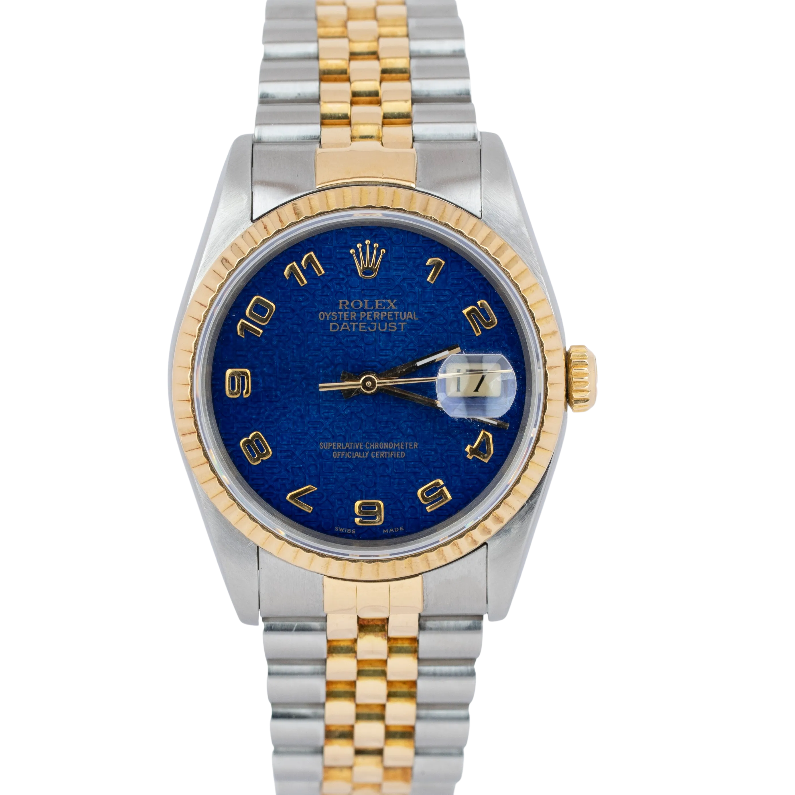 RARE Rolex DateJust 36mm BLUE ARABIC JUBILEE 18K Yellow Gold Steel Watch 16233