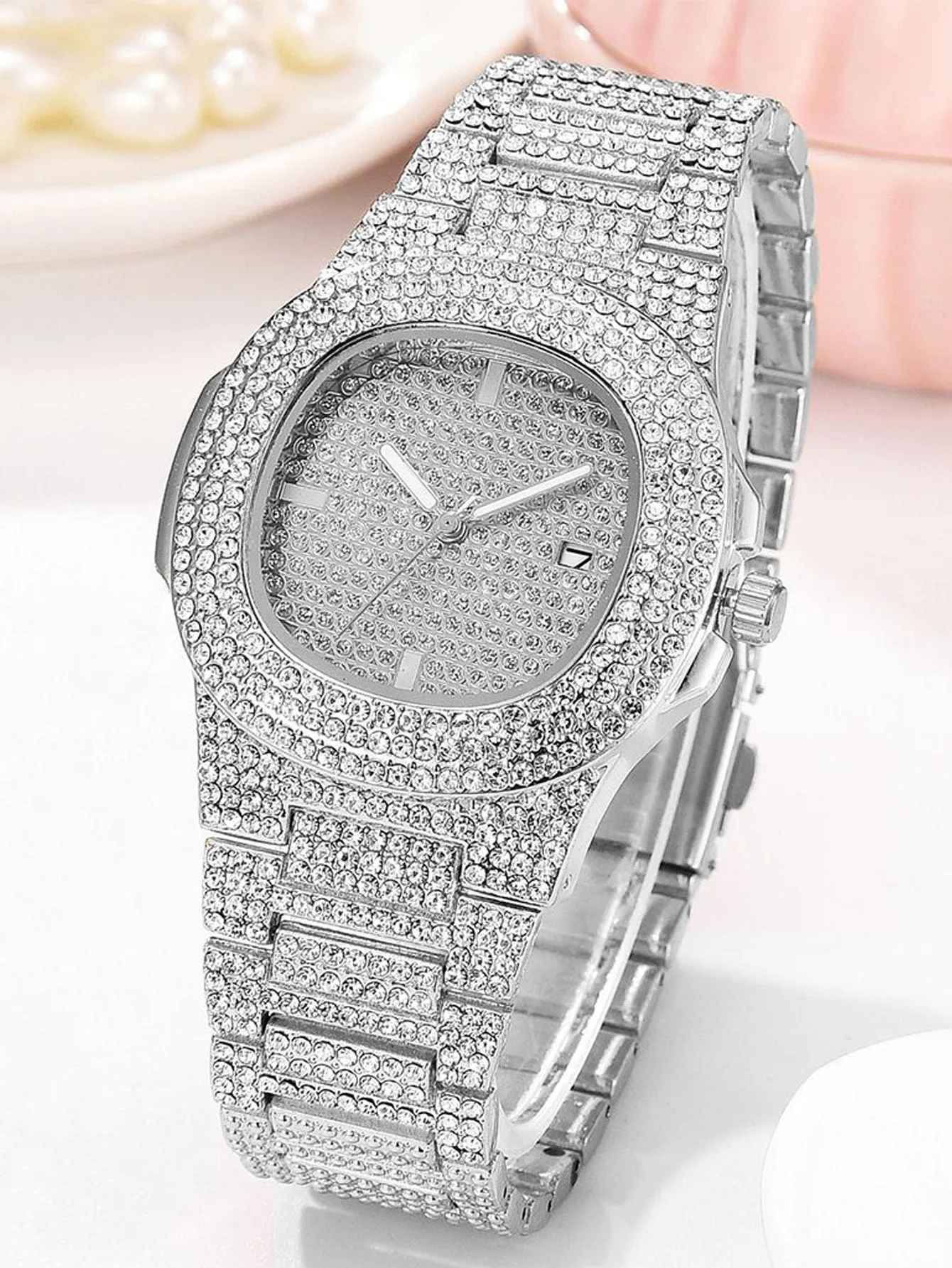 Rhinestone Decor Quartz Watch - Silver- FD ⚡