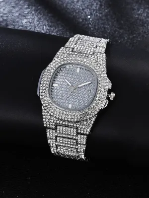 Rhinestone Decor Quartz Watch - Silver- FD ⚡