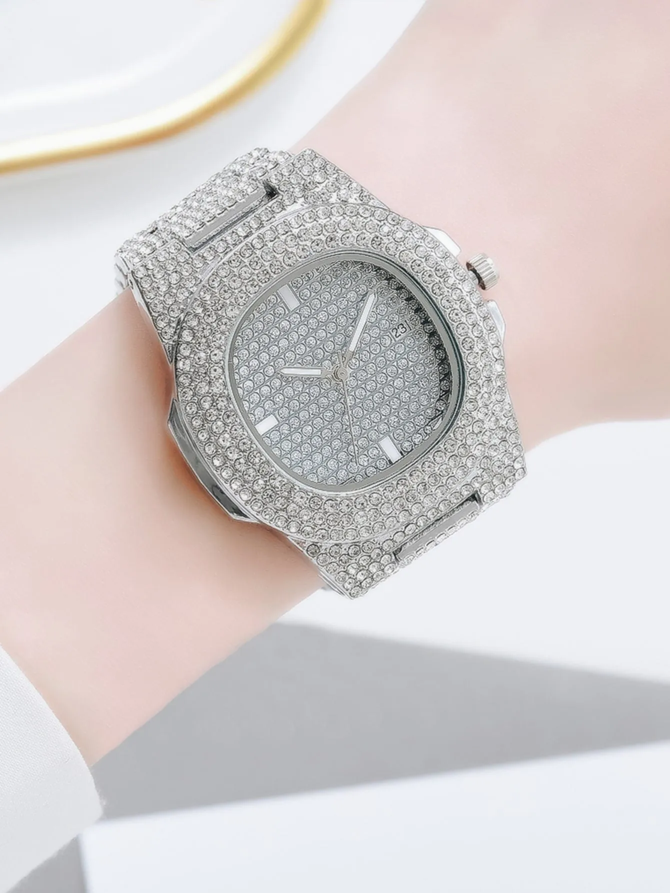 Rhinestone Decor Quartz Watch - Silver- FD ⚡