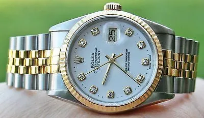 ROLEX 18k Yellow Gold & Steel 36mm Mens 16233 Datejust Watch White Diamond Dial