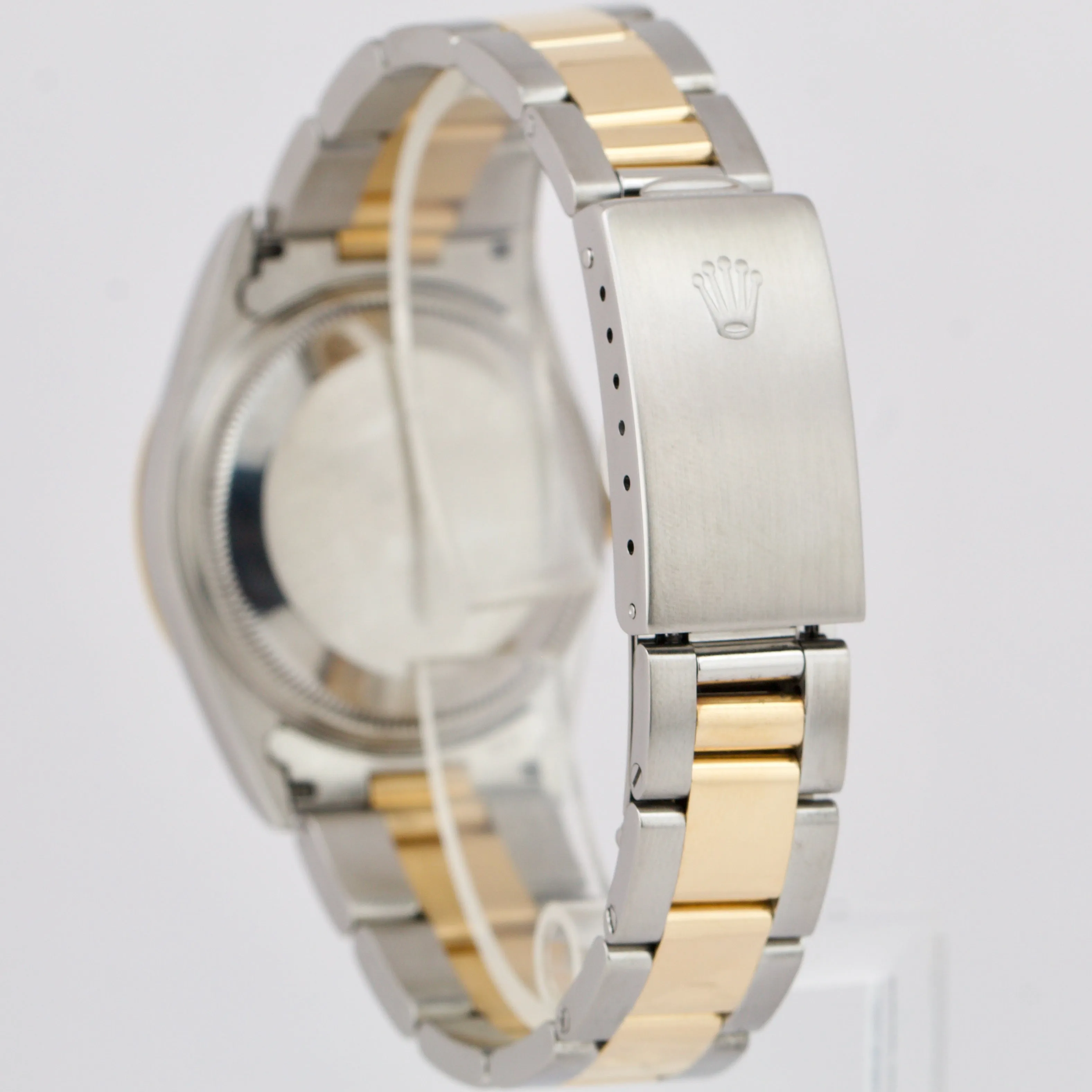 Rolex Date 34mm BLUE Two-Tone Yellow Gold Steel Engine Turned Oyster Watch 15223