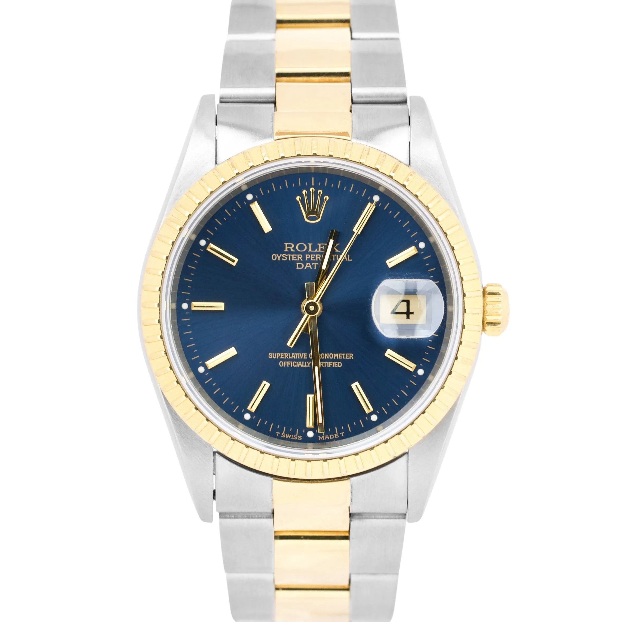 Rolex Date 34mm BLUE Two-Tone Yellow Gold Steel Engine Turned Oyster Watch 15223