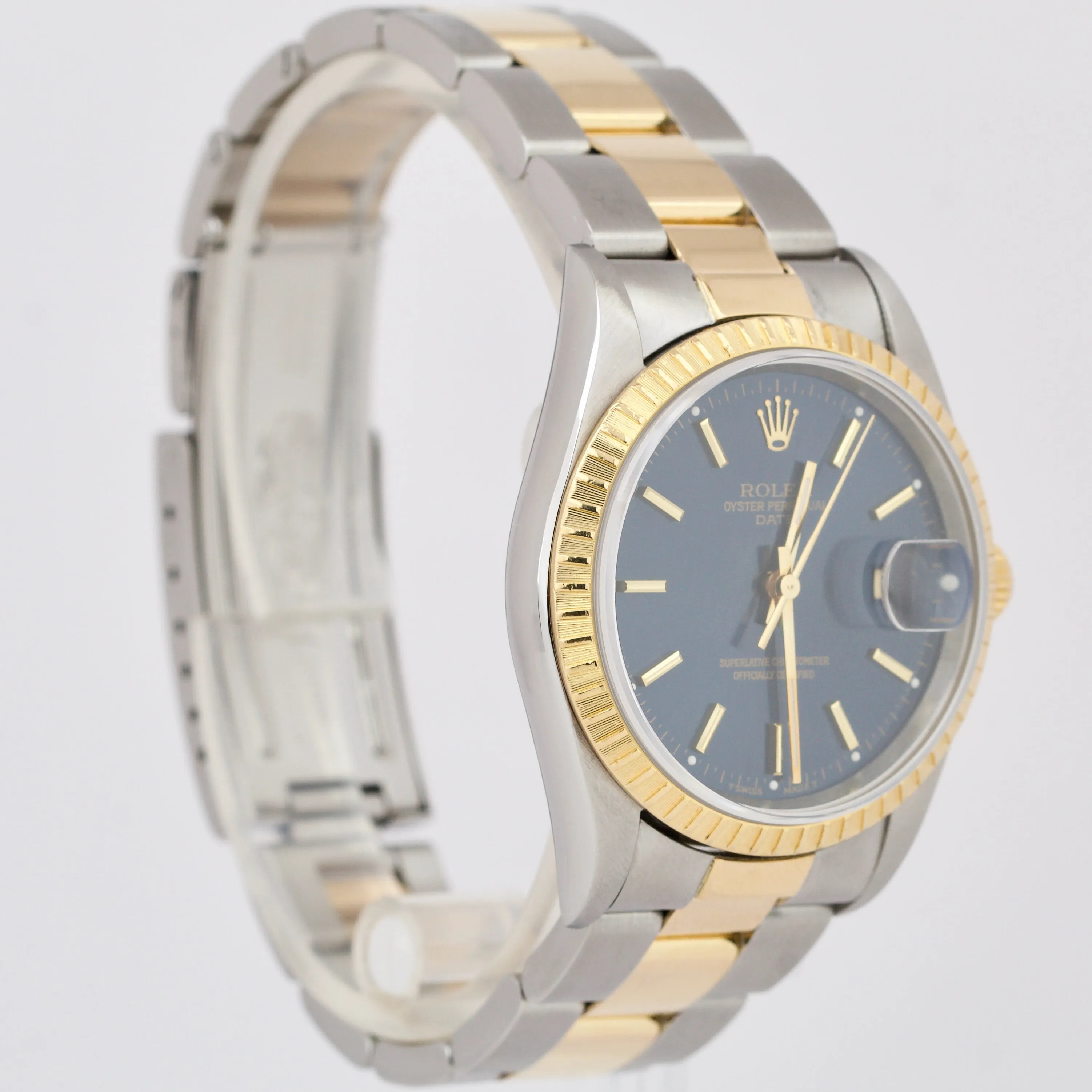 Rolex Date 34mm BLUE Two-Tone Yellow Gold Steel Engine Turned Oyster Watch 15223