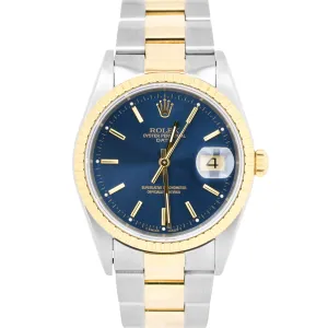 Rolex Date 34mm BLUE Two-Tone Yellow Gold Steel Engine Turned Oyster Watch 15223