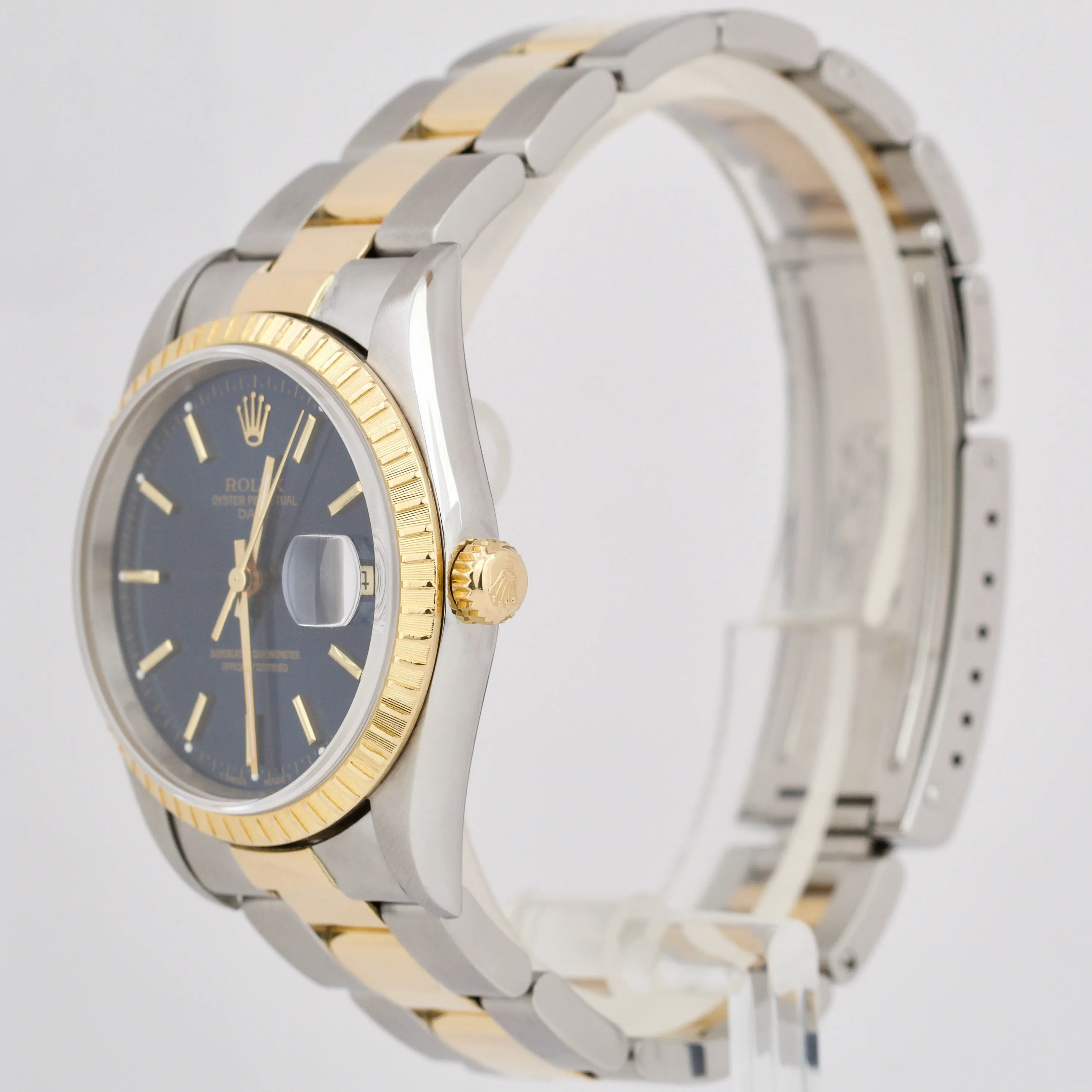 Rolex Date 34mm BLUE Two-Tone Yellow Gold Steel Engine Turned Oyster Watch 15223
