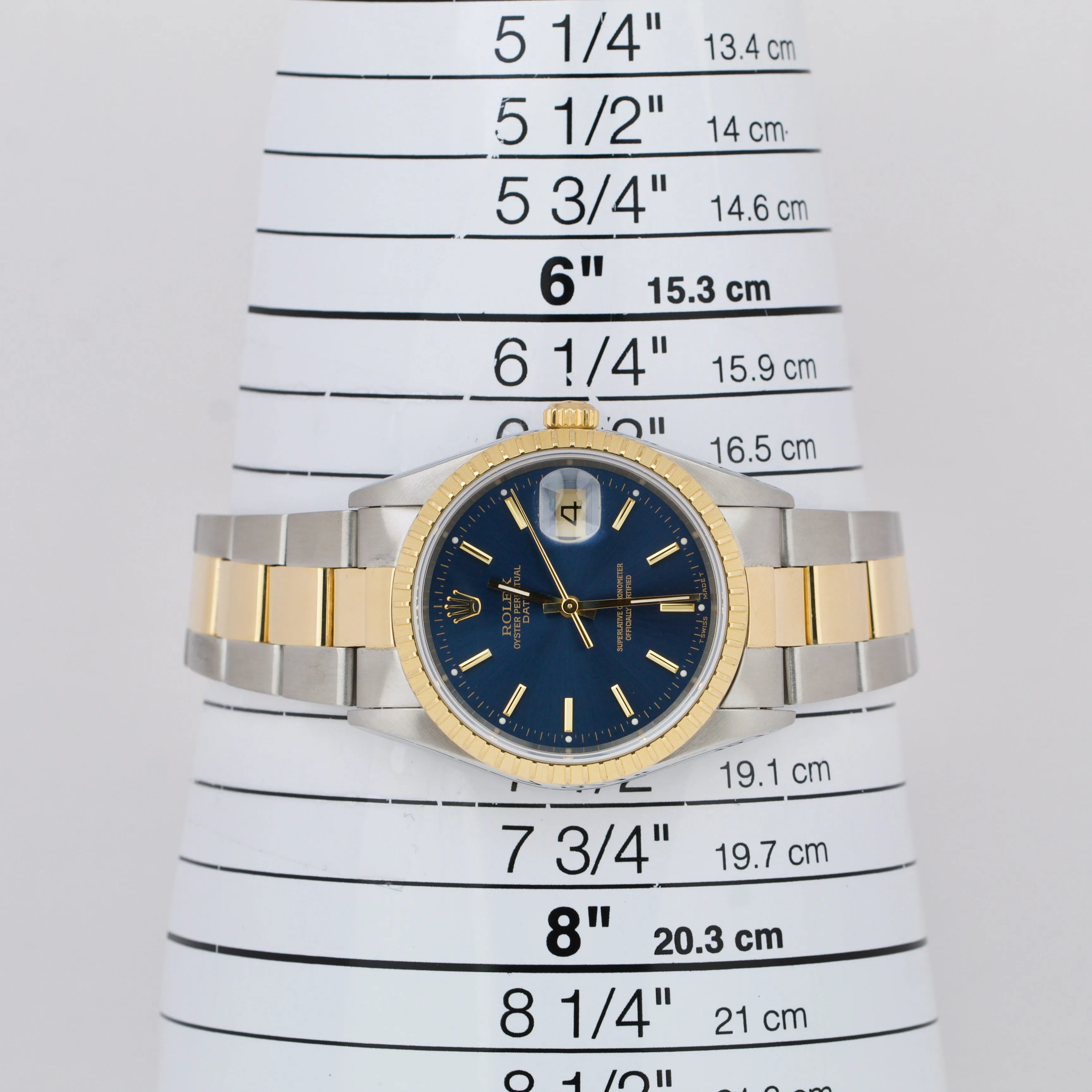 Rolex Date 34mm BLUE Two-Tone Yellow Gold Steel Engine Turned Oyster Watch 15223