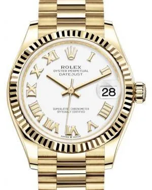 Rolex Datejust 31 Lady Midsize Yellow Gold White Roman Dial & Fluted Bezel President Bracelet 278278