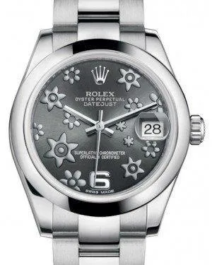 Rolex Datejust 31MM Lady Midsize White Gold/Steel Dark Rhodium Floral Motif Arabic Dial & Fluted Bezel Oyster Bracelet 178240 - NEW