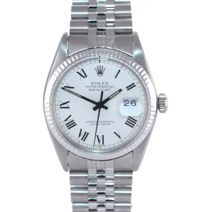 Rolex DateJust 36mm 16014 Steel White Buckley Roman Dial White Gold Fluted Watch