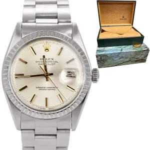 Rolex DateJust 36mm Silver Pie Pan Gold Index Stainless Steel Watch 1603 BOX