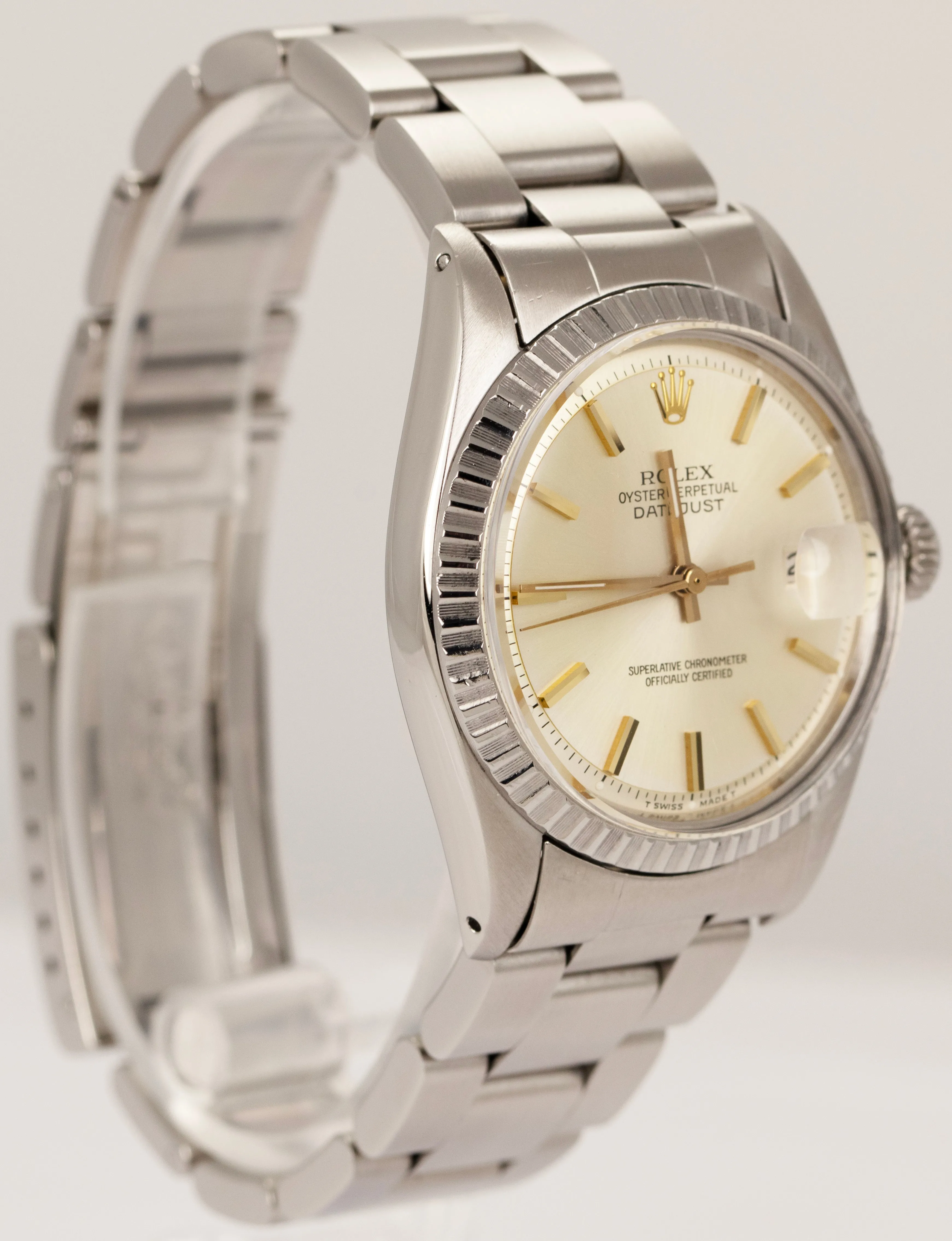 Rolex DateJust 36mm Silver Pie Pan Gold Index Stainless Steel Watch 1603 BOX