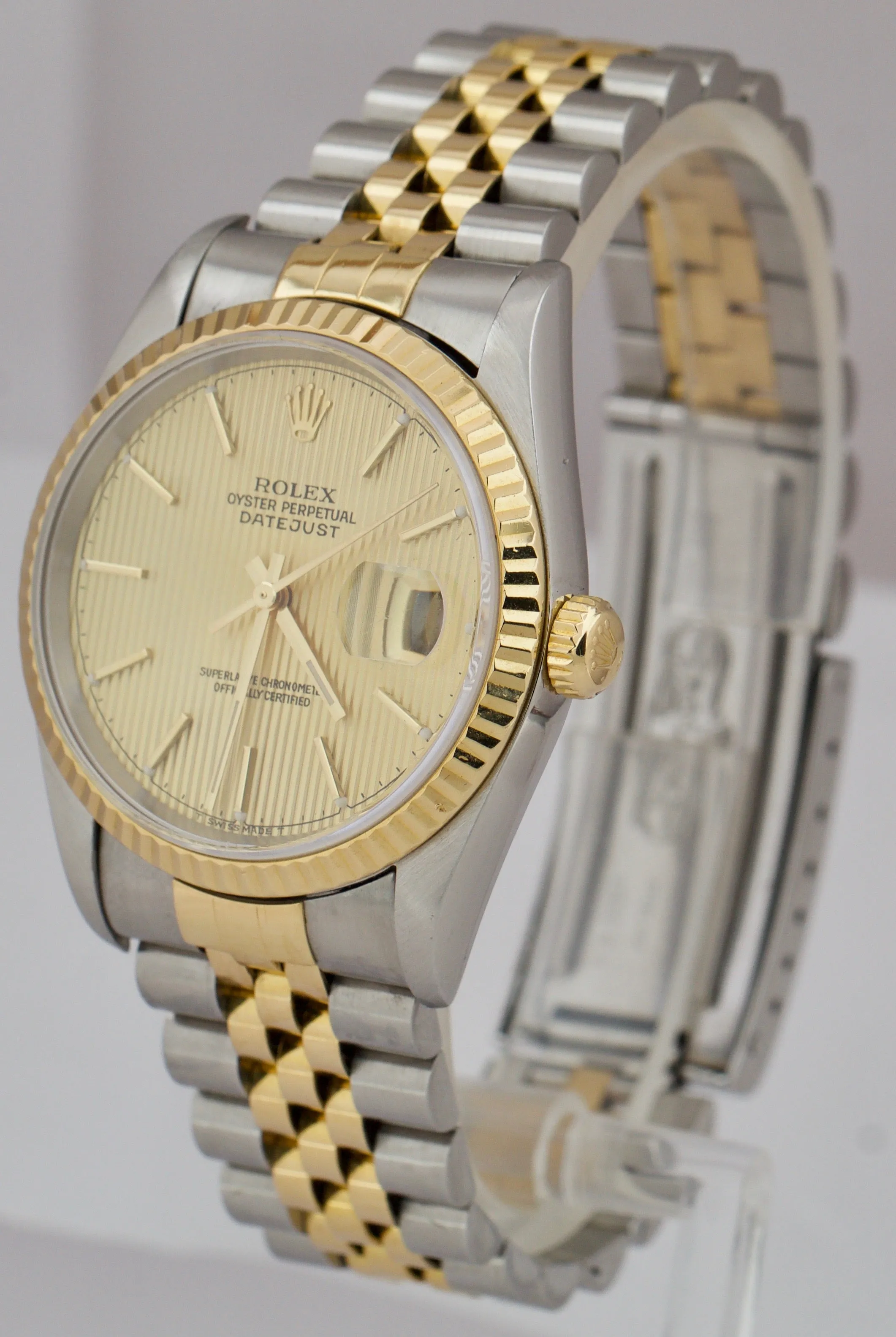 Rolex DateJust 36mm Two-Tone Champagne TAPESTRY NO HOLES Jubilee Watch 16233
