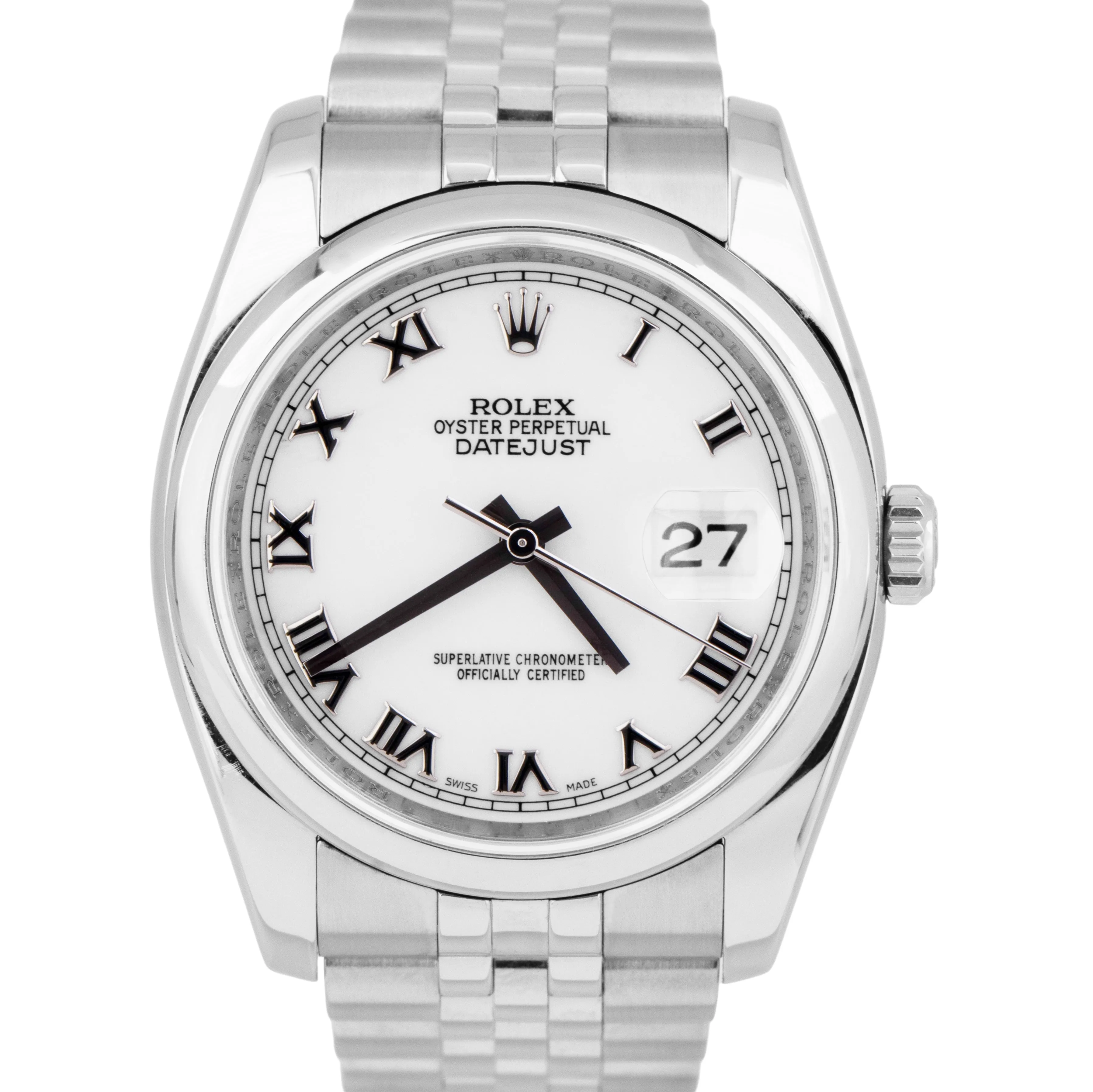 Rolex DateJust 36mm White Roman Dial Stainless Steel Jubilee Date Watch 116200