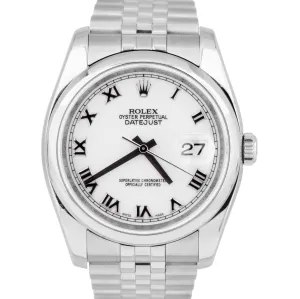 Rolex DateJust 36mm White Roman Dial Stainless Steel Jubilee Date Watch 116200