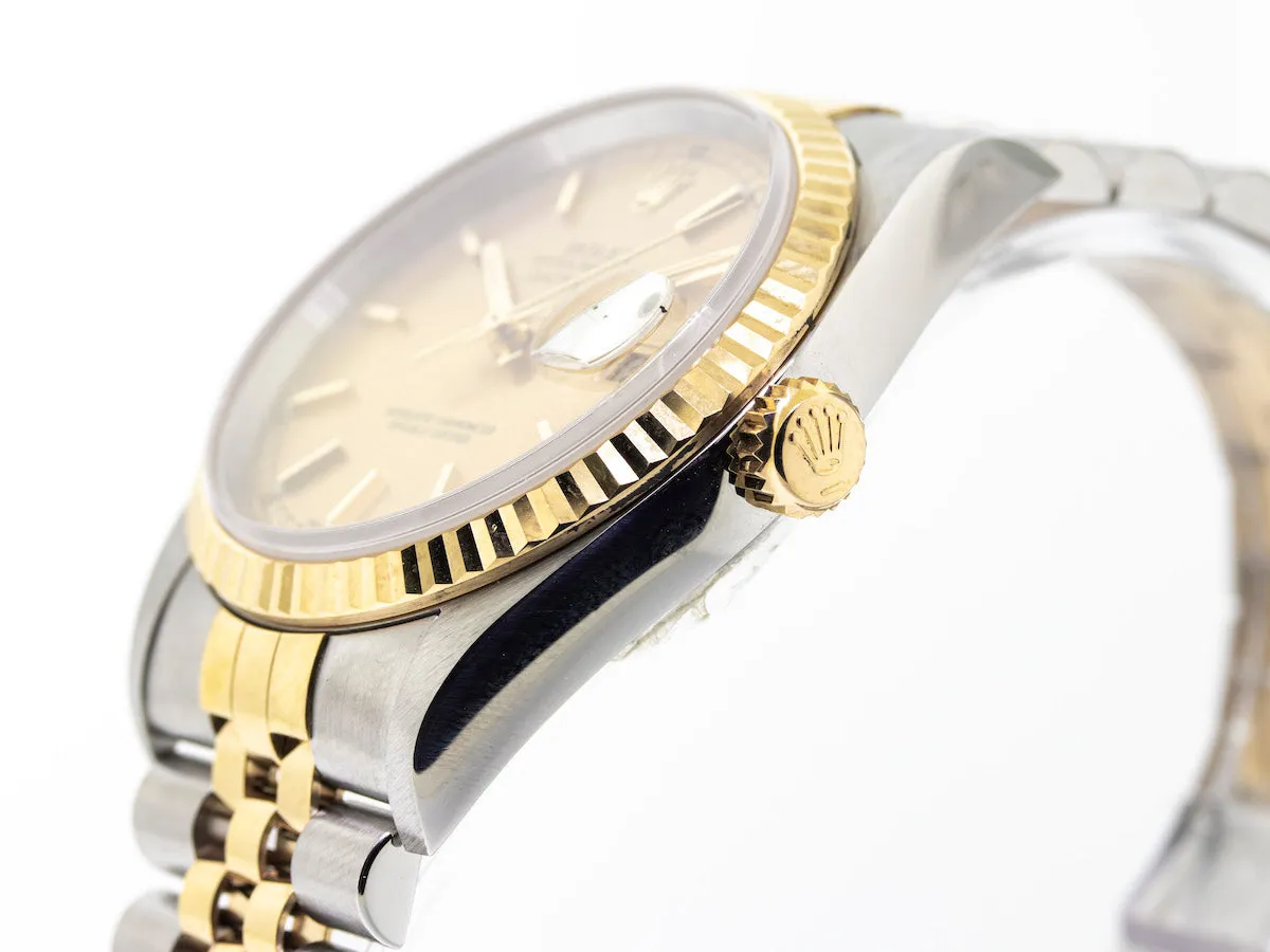 Rolex Datejust 36mm Yellow Gold & Steel Champagne Stick Dial Fluted Bezel 16233