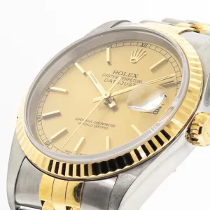 Rolex Datejust 36mm Yellow Gold & Steel Champagne Stick Dial Fluted Bezel 16233