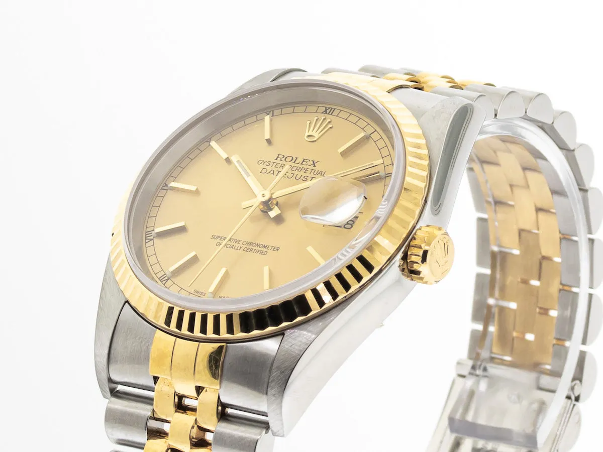 Rolex Datejust 36mm Yellow Gold & Steel Champagne Stick Dial Fluted Bezel 16233