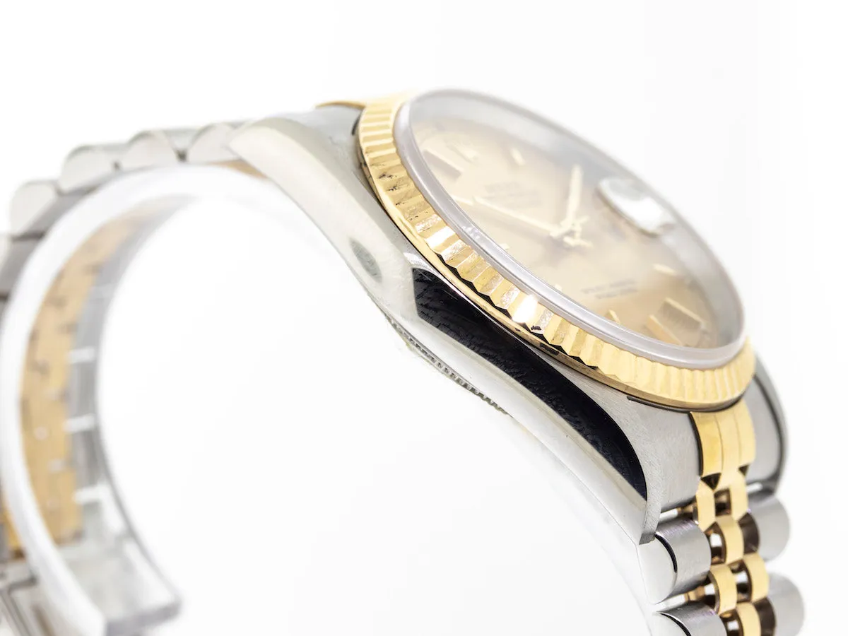 Rolex Datejust 36mm Yellow Gold & Steel Champagne Stick Dial Fluted Bezel 16233