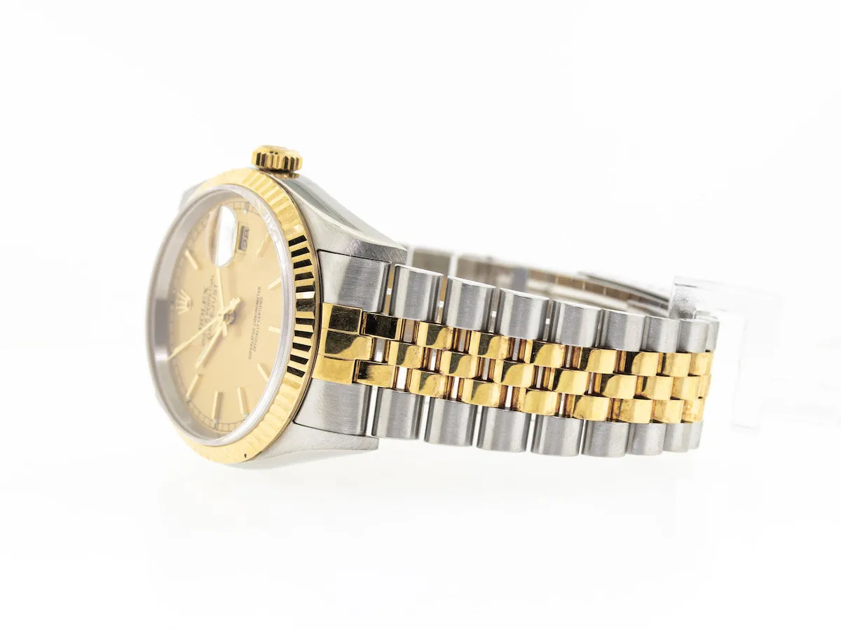 Rolex Datejust 36mm Yellow Gold & Steel Champagne Stick Dial Fluted Bezel 16233