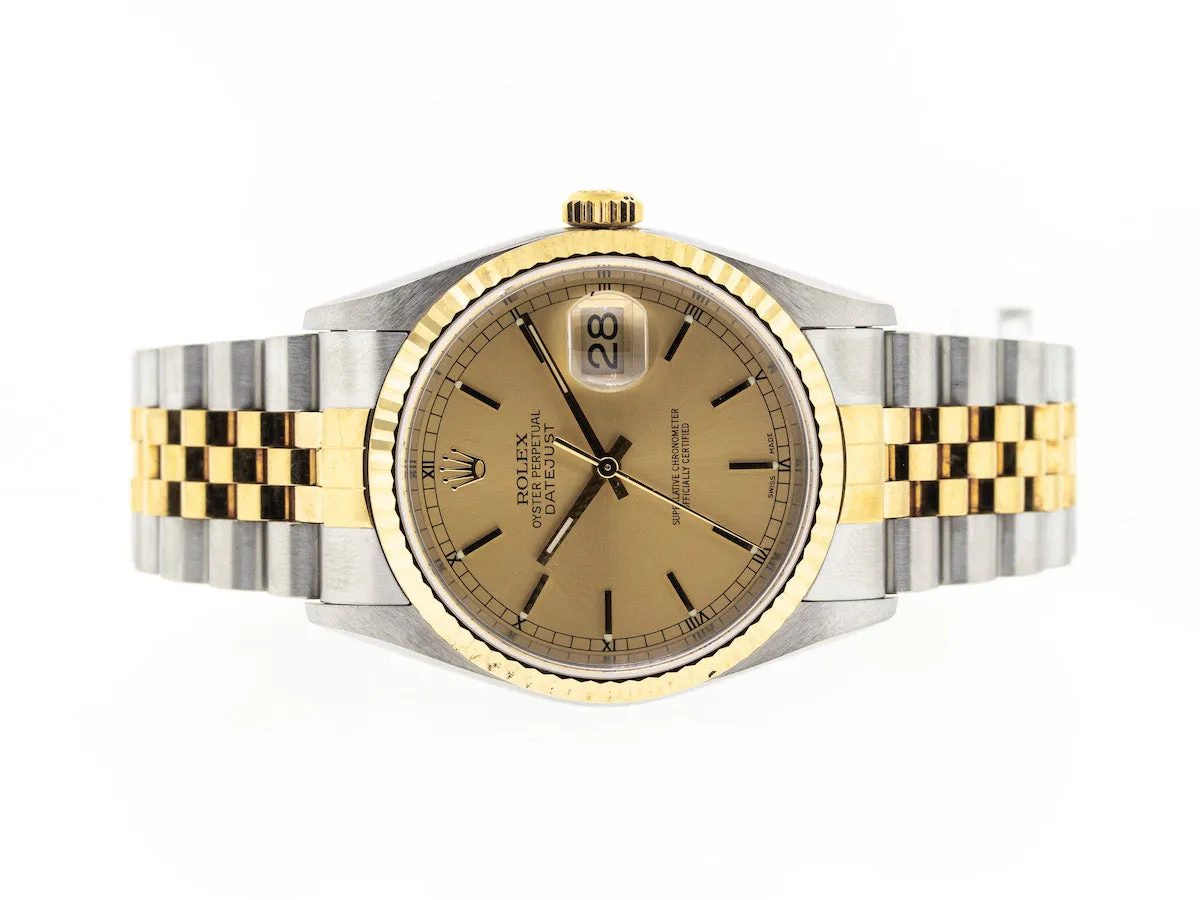 Rolex Datejust 36mm Yellow Gold & Steel Champagne Stick Dial Fluted Bezel 16233