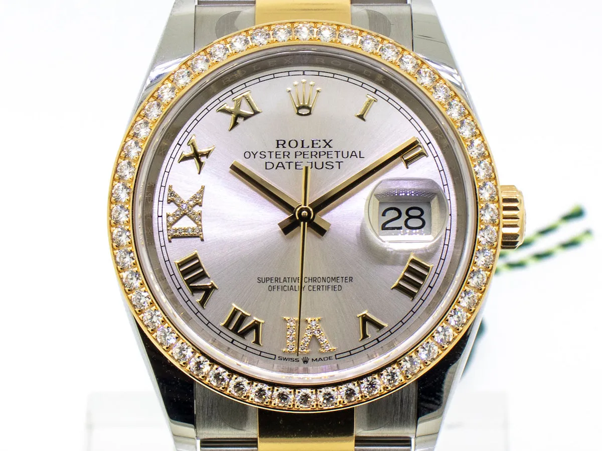 Rolex Datejust 36mm Yellow Gold & Steel Silver Roman Dial & Diamond Bezel 126283RBR