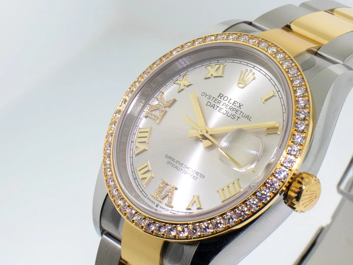 Rolex Datejust 36mm Yellow Gold & Steel Silver Roman Dial & Diamond Bezel 126283RBR