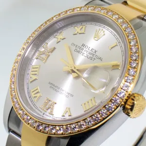 Rolex Datejust 36mm Yellow Gold & Steel Silver Roman Dial & Diamond Bezel 126283RBR