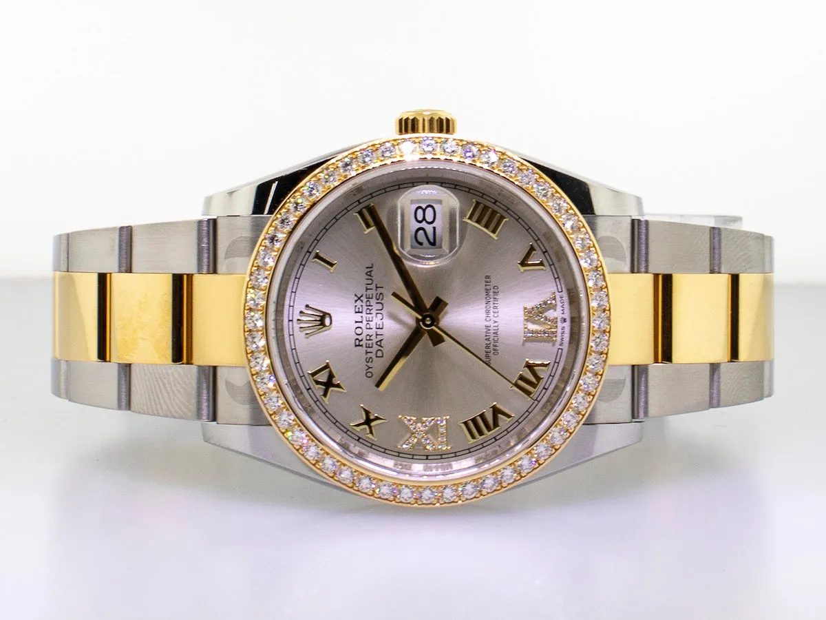 Rolex Datejust 36mm Yellow Gold & Steel Silver Roman Dial & Diamond Bezel 126283RBR