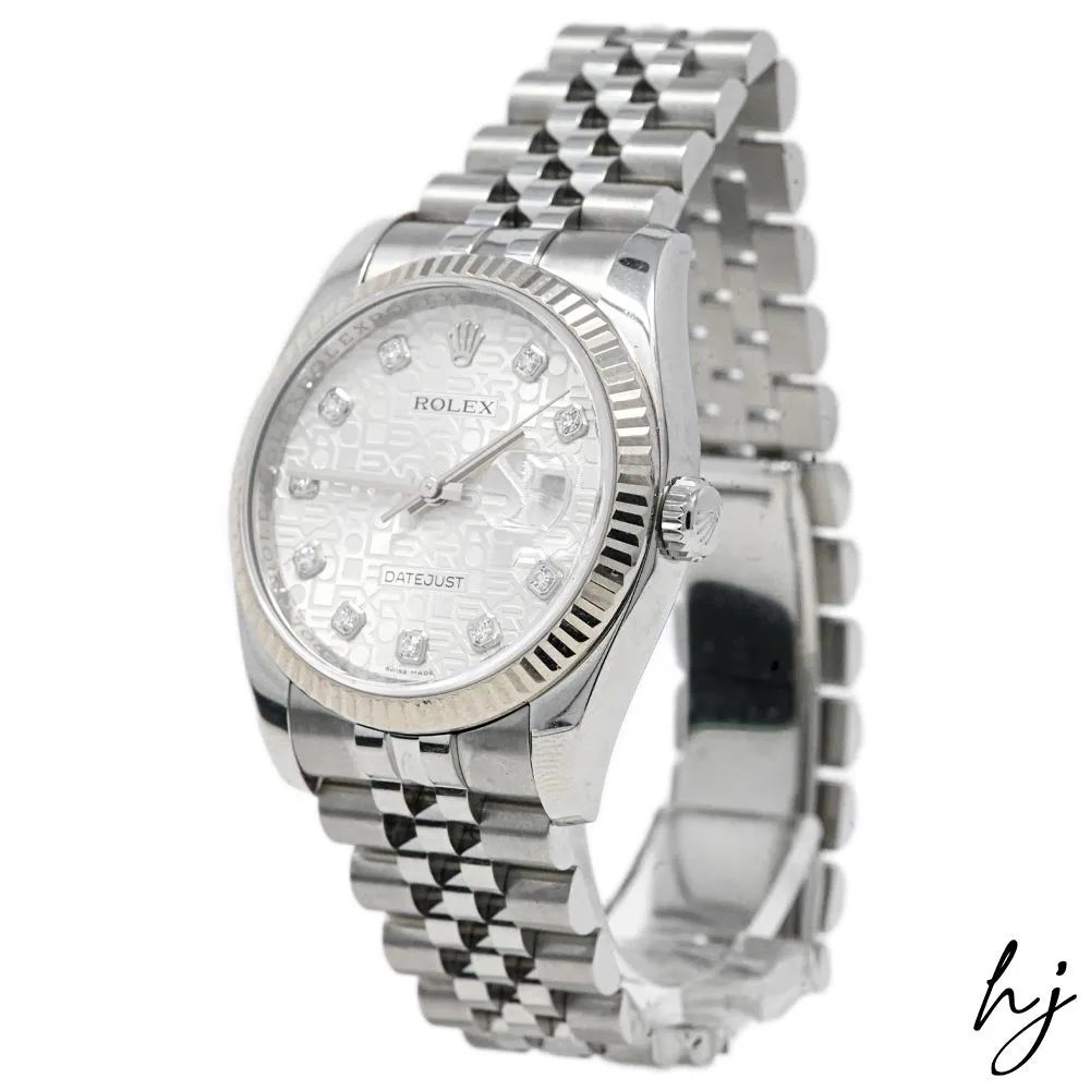 Rolex Datejust Stainless Steel 36mm Silver "Jubilee" Diamond Dial Watch Reference #: 116234