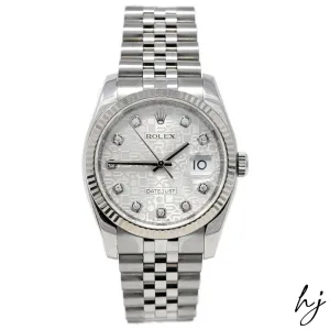 Rolex Datejust Stainless Steel 36mm Silver "Jubilee" Diamond Dial Watch Reference #: 116234