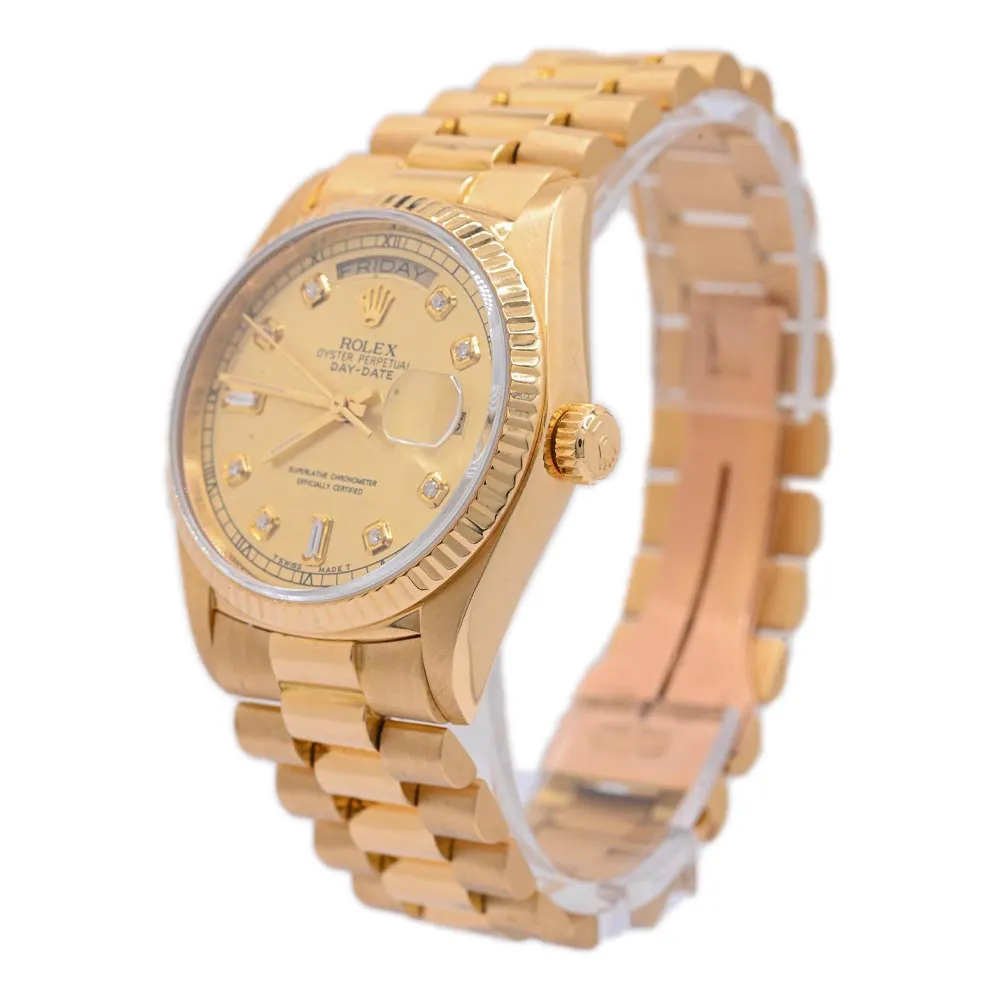 Rolex Day-Date 18K Yellow Gold 36mm Champagne Factory Diamond Dial Watch Fluted Bezel Presidential Bracelet Reference# 18038