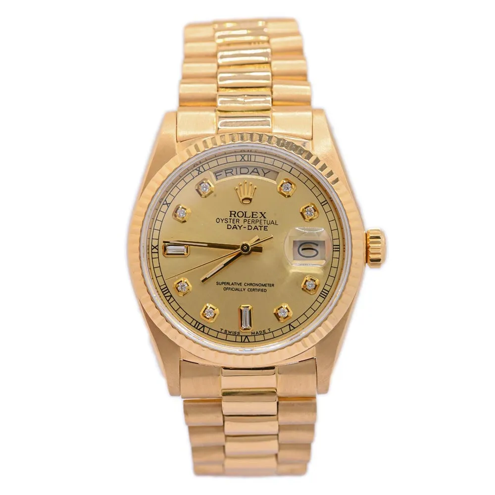 Rolex Day-Date 18K Yellow Gold 36mm Champagne Factory Diamond Dial Watch Fluted Bezel Presidential Bracelet Reference# 18038
