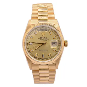 Rolex Day-Date 18K Yellow Gold 36mm Champagne Factory Diamond Dial Watch Fluted Bezel Presidential Bracelet Reference# 18038