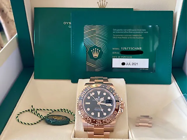 Rolex GMT-Master II 126715CHNR Root Beer 18K Everose Gold, Unworn Full Set 2021
