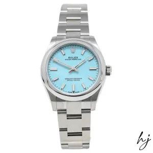Rolex Ladies Oyster Perpetual Stainless Steel 31mm Tiffany Blue Stick Dial Watch Reference #: 277200