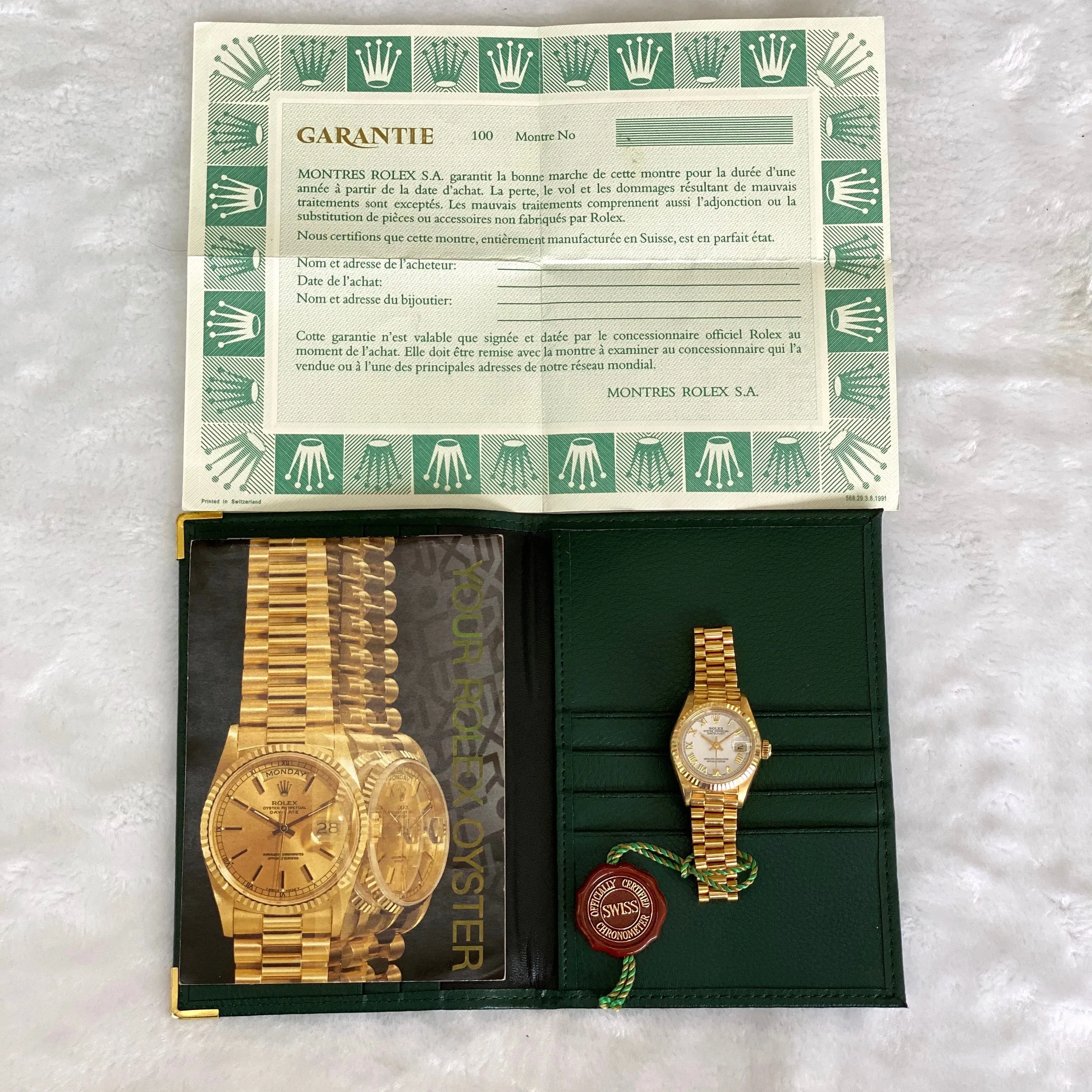 Rolex Lady-Datejust 69178 White Roman Papers c. 1986 Mint President 18k Yellow Gold 26 mm