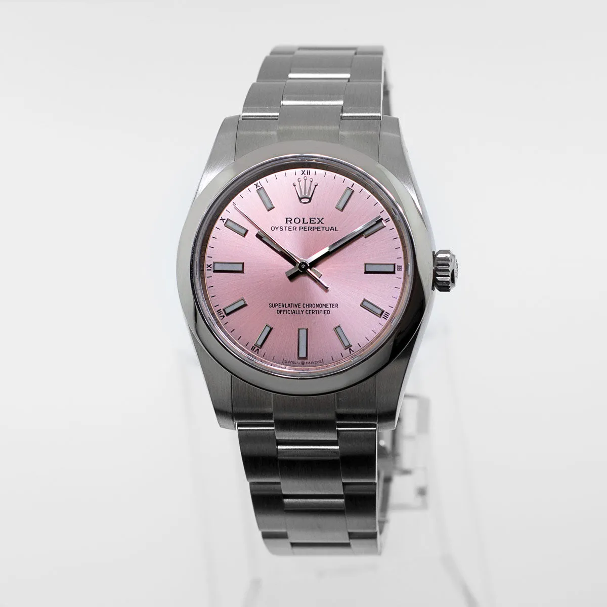 Rolex Oyster Perpetual 34mm Stainless Steel Pink Index Dial Smooth Bezel 124200