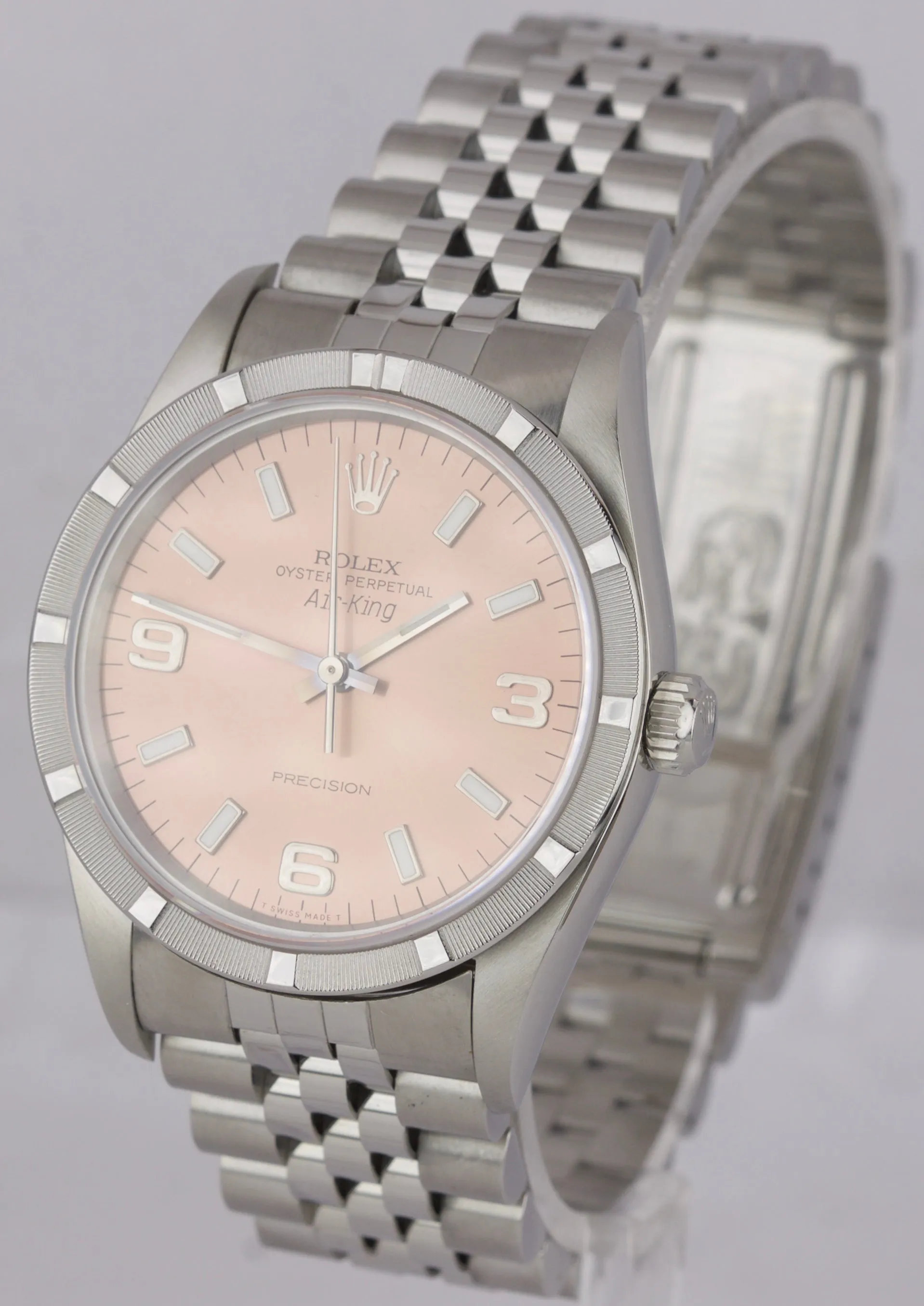 Rolex Oyster Perpetual Air-King 34mm Rose Arabic Engine Turn Jubilee Watch 14010