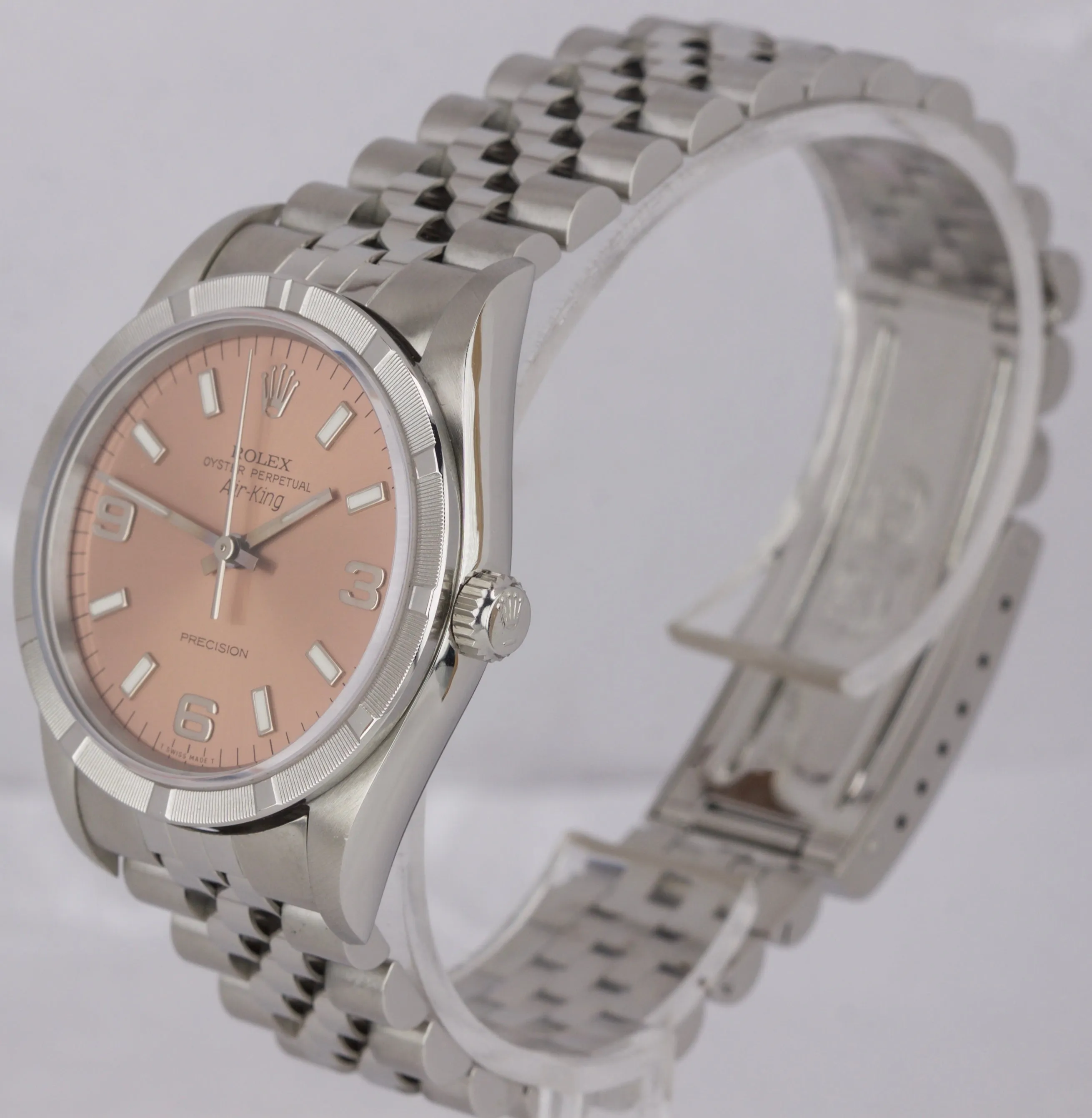 Rolex Oyster Perpetual Air-King 34mm Rose Arabic Engine Turn Jubilee Watch 14010