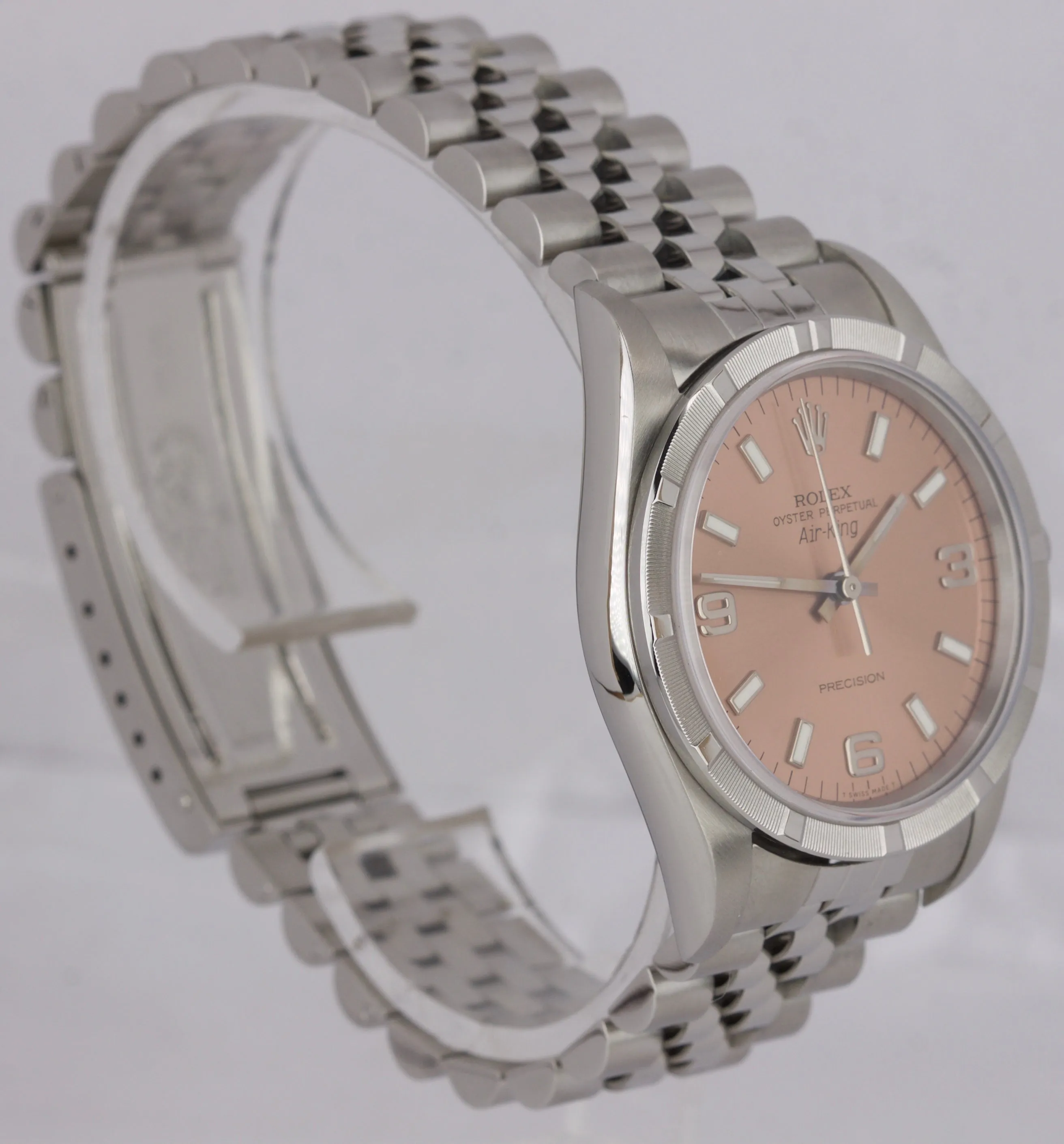 Rolex Oyster Perpetual Air-King 34mm Rose Arabic Engine Turn Jubilee Watch 14010