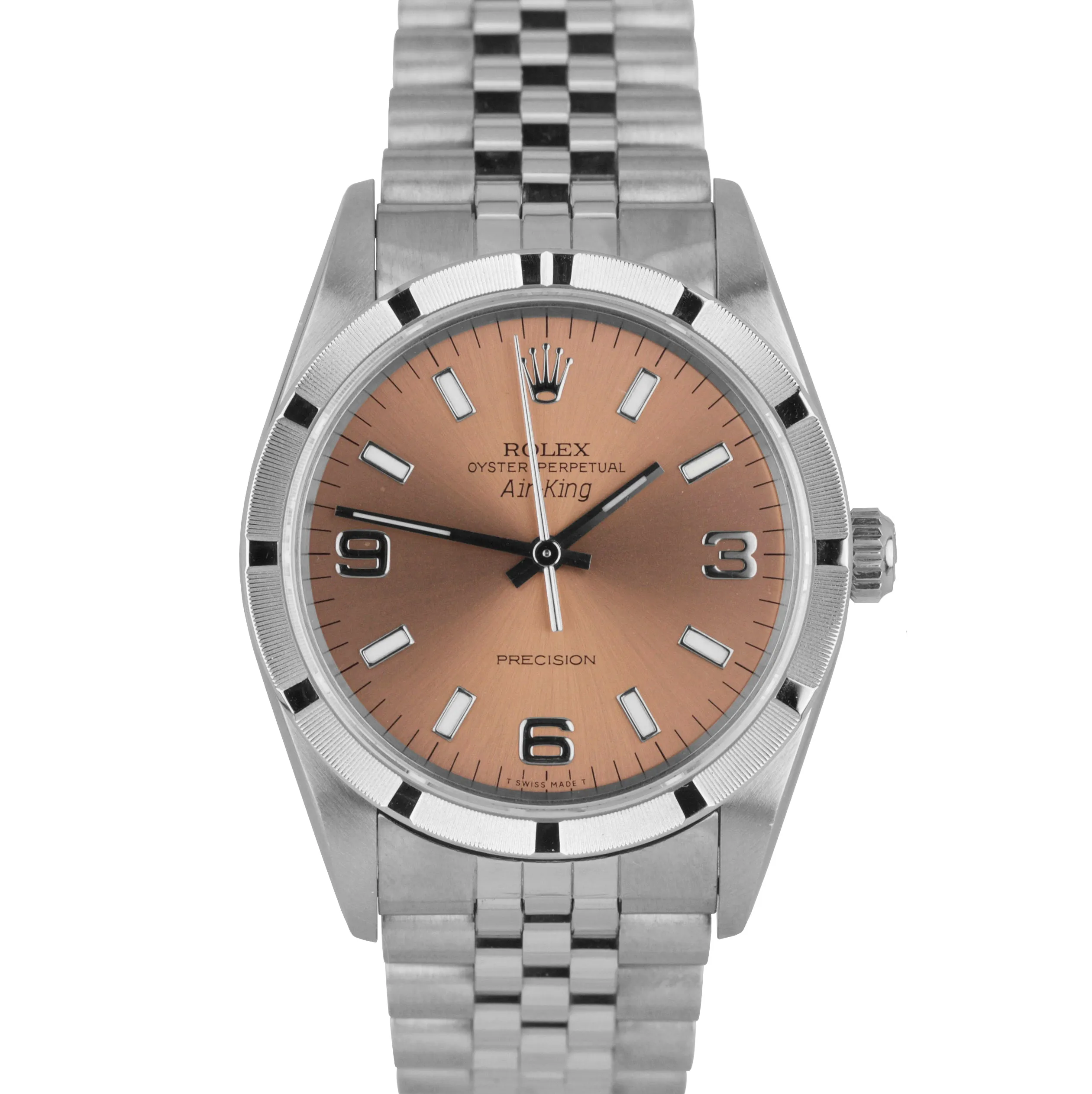 Rolex Oyster Perpetual Air-King 34mm Rose Arabic Engine Turn Jubilee Watch 14010