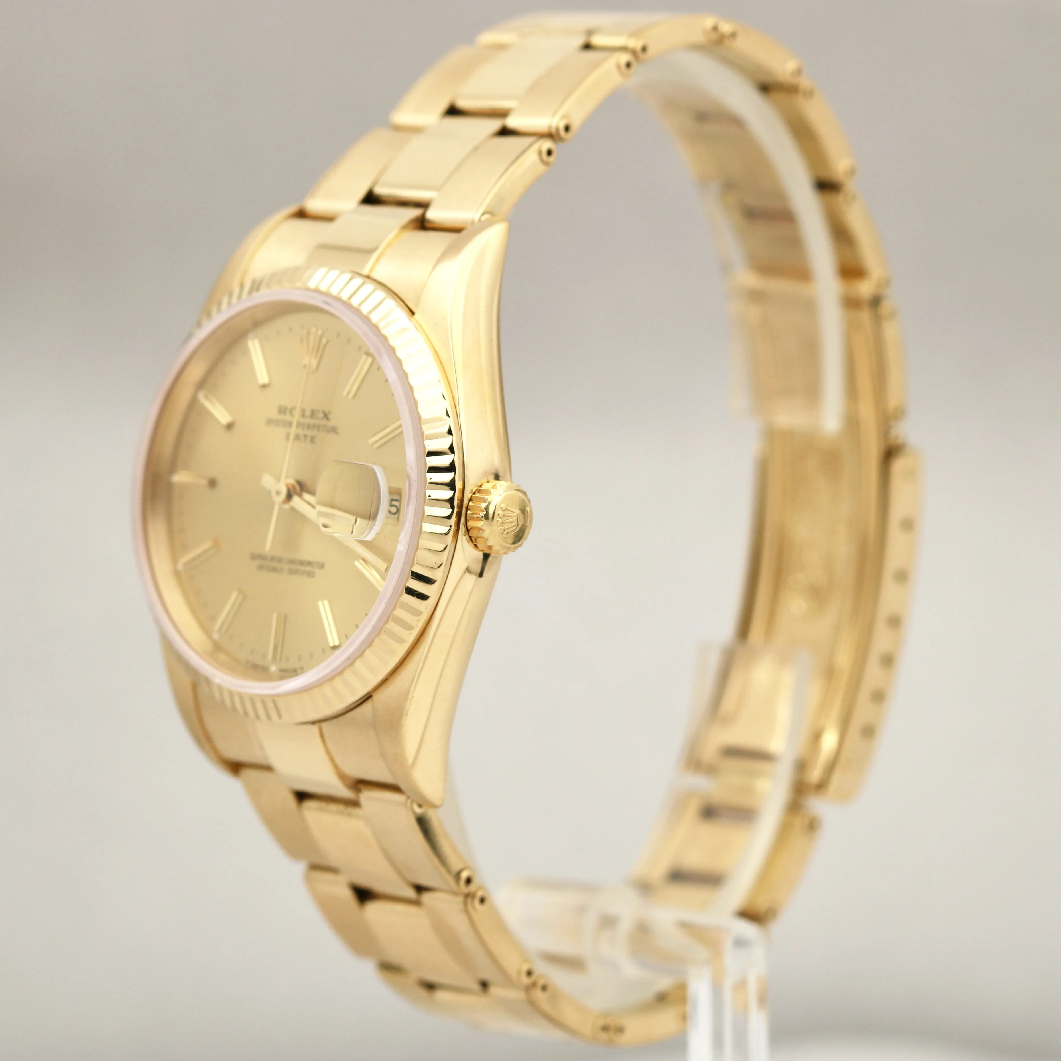 Rolex Oyster Perpetual Date 34mm Champagne Yellow Gold Oyster Watch 15238 BOX