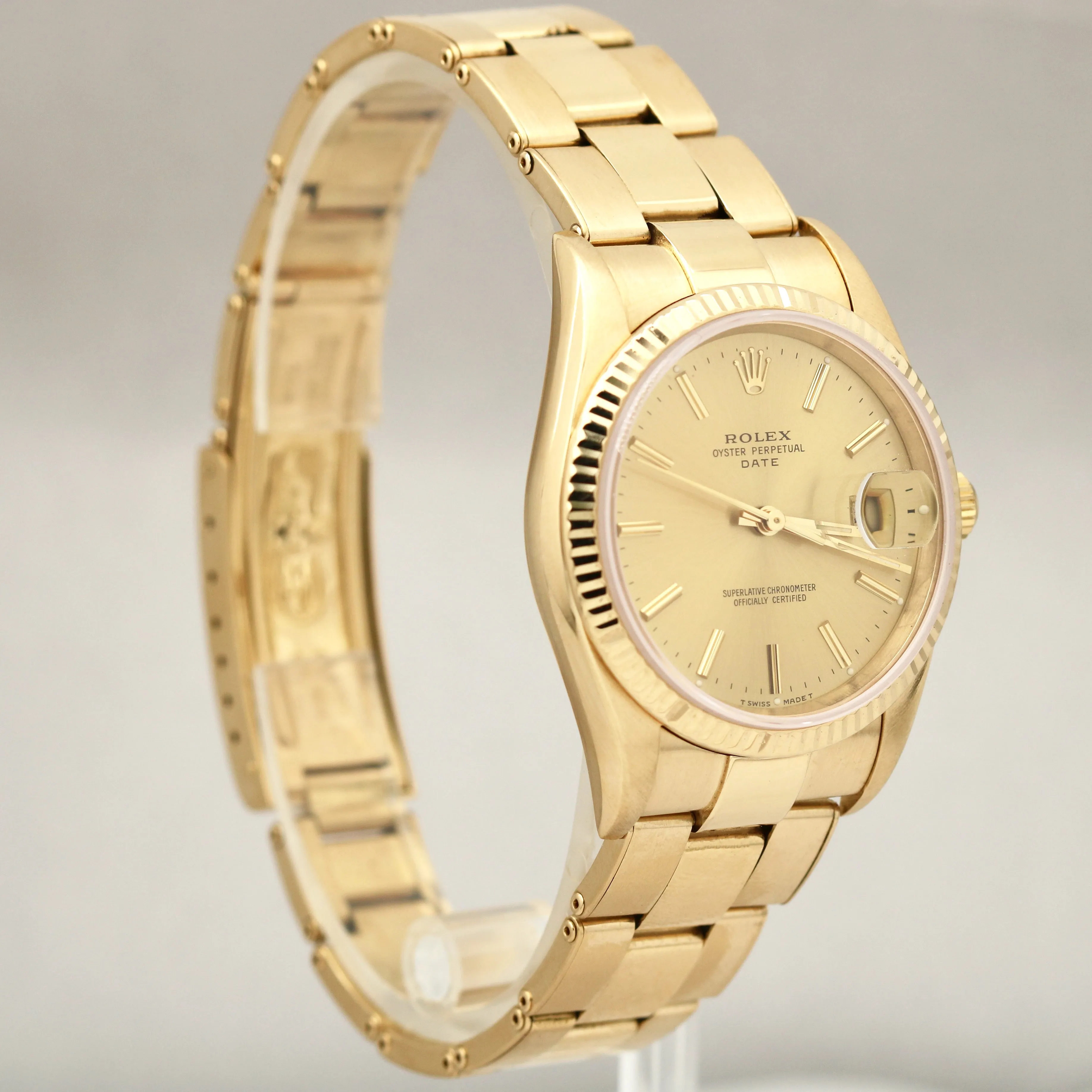 Rolex Oyster Perpetual Date 34mm Champagne Yellow Gold Oyster Watch 15238 BOX