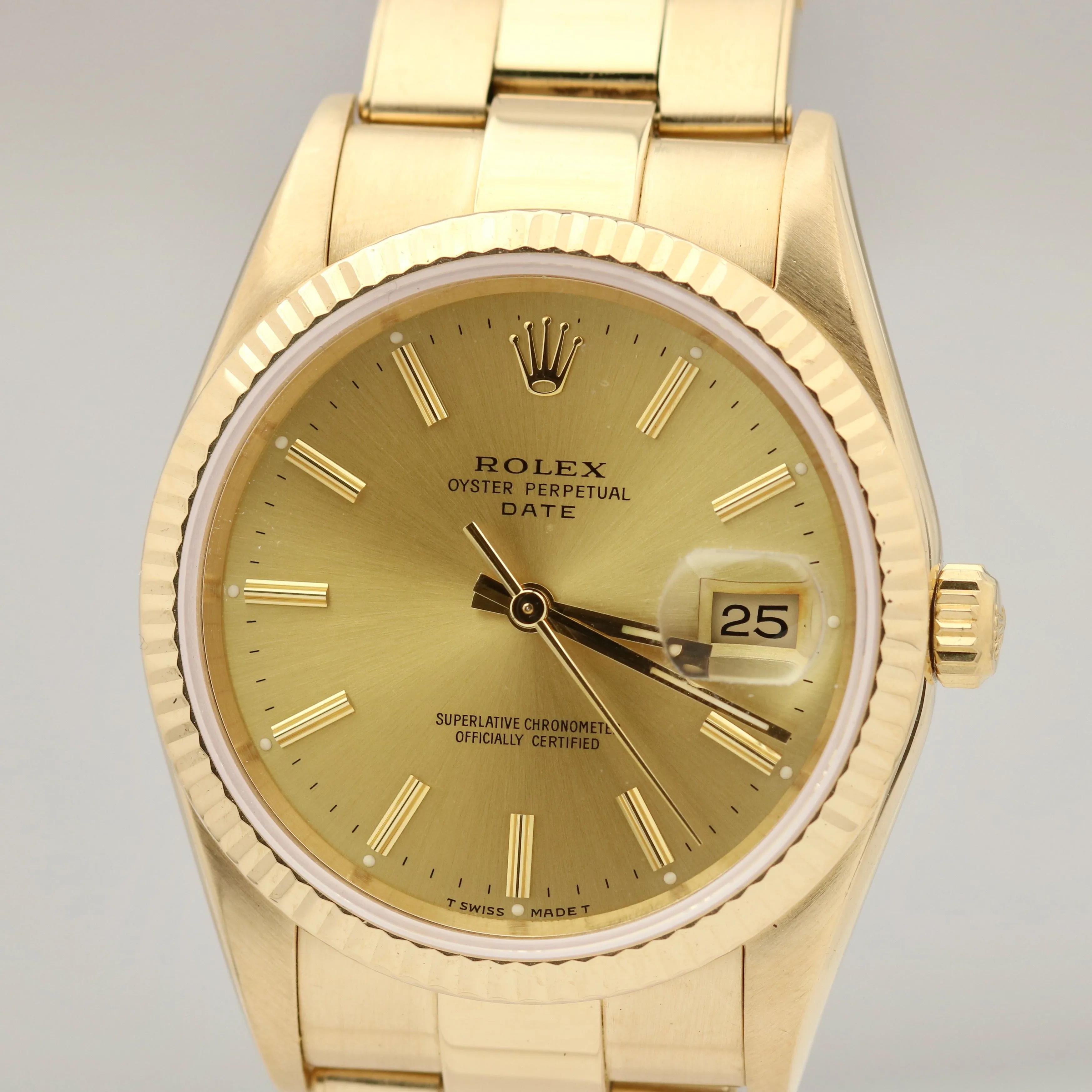 Rolex Oyster Perpetual Date 34mm Champagne Yellow Gold Oyster Watch 15238 BOX